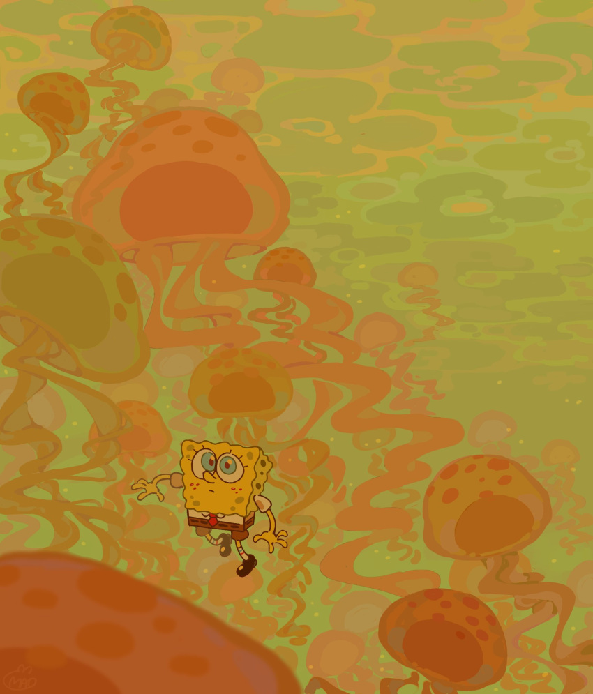 ambiguous_gender anthro bottomwear clothed clothing cnidarian dress_shirt feral footwear fully_clothed group hi_res jellyfish mao_draws marine medusozoan necktie nickelodeon on_model sea_sponge shirt shoes shorts socks solo_focus spongebob_squarepants spongebob_squarepants_(character) toony topwear underwater water