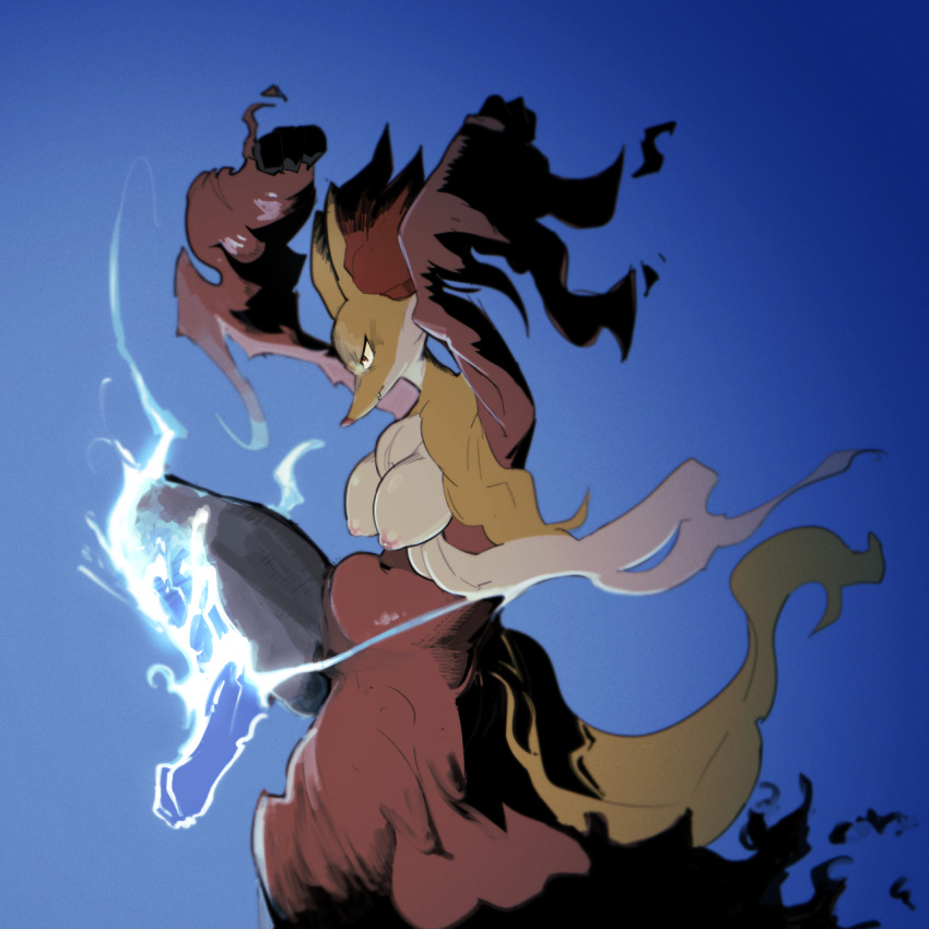 anonymous_artist anthro arm_tuft blue_background blue_fire breasts colored_fire countershading cute_fangs delphox ear_tuft female fighting_pose fire fur generation_6_pokemon gradient_background hi_res inner_ear_fluff multicolored_body multicolored_fur nintendo nipples orange_body orange_fur orange_inner_ear orange_nose pokemon pokemon_(species) pose pseudo_clothing simple_background solo tuft white_body white_countershading white_fur yellow_body yellow_ears yellow_fur