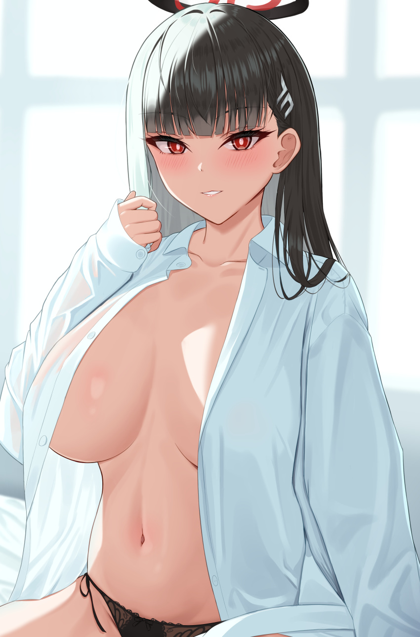 1girl absurdres alternate_costume black_hair black_panties blue_archive blush breasts breasts_apart bright_pupils collarbone halo highres huge_breasts indoors looking_at_viewer navel open_clothes open_shirt panties red_eyes rio_(blue_archive) see-through shirt side-tie_panties smile solo stomach tyohensyoku underwear white_shirt