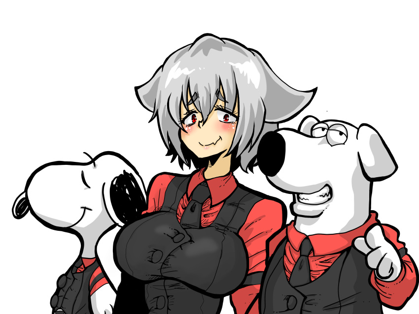 1girl 2boys absurdres animal_ears black_necktie black_vest breasts brian_griffin cerberus_(helltaker) cerberus_(helltaker)_(cosplay) closed_mouth collared_shirt cookie_(touhou) cosplay crossover family_guy great_gonzales highres impossible_clothes impossible_vest inubashiri_momiji kuso_inu_(cookie) large_breasts looking_at_viewer multiple_boys necktie peanuts pointing red_eyes red_shirt shirt short_hair simple_background snoopy touhou vest white_background white_hair wolf_ears