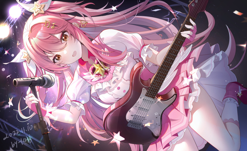 1girl balala_the_fairies brown_eyes dated dress eighth_note guitar hair_ornament highres holding holding_instrument holding_microphone_stand instrument long_hair magical_girl miaogujun microphone microphone_stand musical_note musical_note_hair_ornament pink_dress pink_footwear pink_hair short_sleeves socks solo very_long_hair white_socks