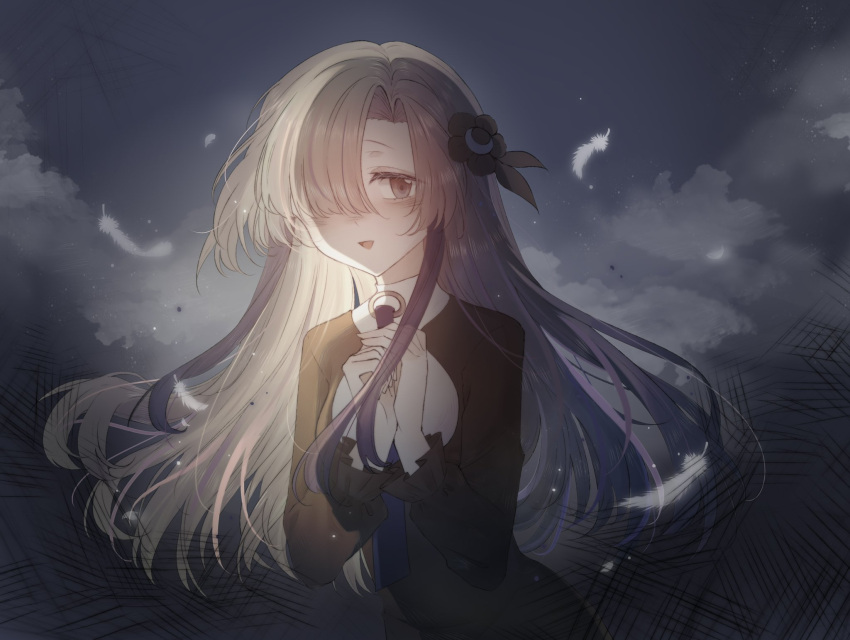 1girl black_flower black_shirt blue_hair blue_necktie blush cloud commentary_request feathers flower grey_eyes grey_hair hair_flower hair_ornament hair_over_one_eye highres isekai_joucho kamitsubaki_studio long_hair long_sleeves looking_at_viewer multicolored_hair necktie open_mouth own_hands_together shirt shouyuuchahan sky solo two-tone_hair upper_body virtual_youtuber