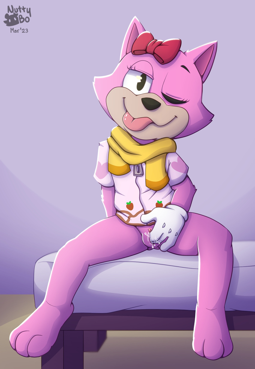 bed bodily_fluids bottomless clothed clothing fingering fur furniture genital_fluids genitals gloves handwear hi_res masturbation nutty_bo on_bed pancake_(toontown) pink_body pink_fur pussy pussy_juice scarf toontown toontown_corporate_clash toontown_online toontown_rewritten toony topwear vaginal vaginal_fingering