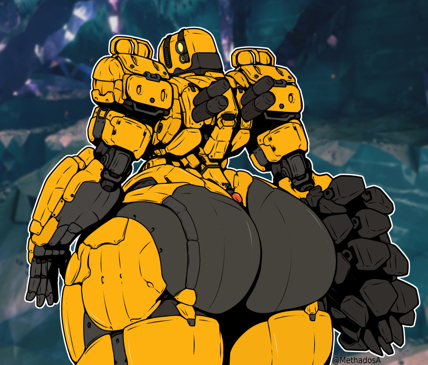 absurd_res armor big_butt butt deep_rock_galactic doretta_(deep_rock_galactic) drill female ghost_ship_games hi_res huge_butt huge_hips huge_thighs humanoid machine methados multicolored_body rear_view robot robot_humanoid small_waist solo thick_thighs two_tone_body yellow_body
