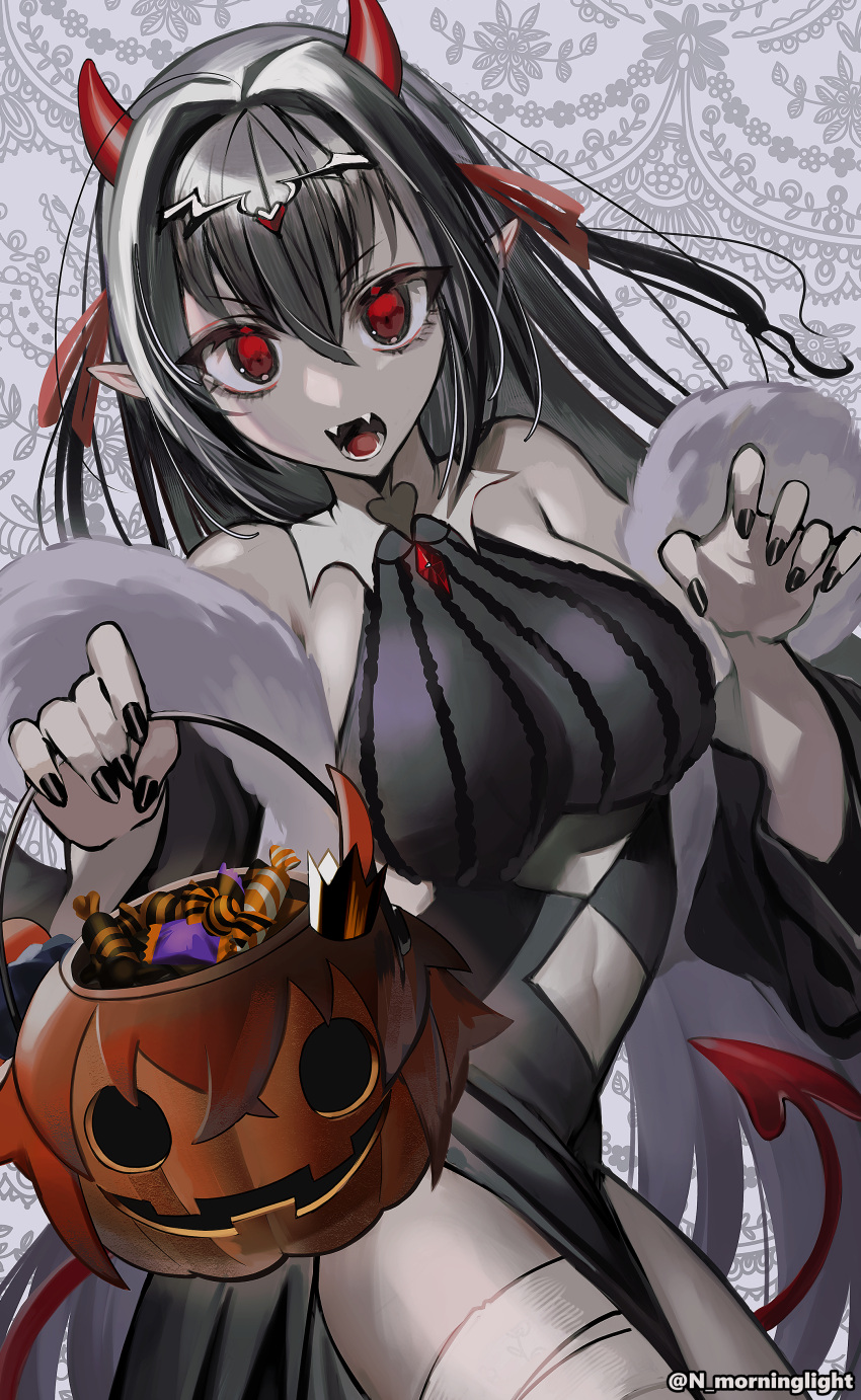 1girl absurdres adapted_costume asakou_(n_morninglight) black_nails breasts candy claw_pose demon_horns demon_tail dress fake_horns fangs fate/grand_order fate_(series) food fur-trimmed_dress fur_trim hair_ribbon halloween_bucket headpiece highres horns large_breasts pointy_ears red_eyes ribbon scathach_(fate) scathach_skadi_(fate) solo tail tiara