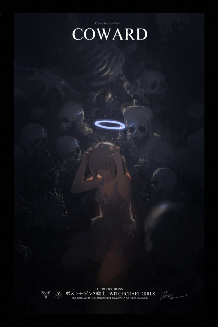 1girl artist_name blue_halo breasts copyright_name dark death dress english_text glowing grey_hair halo hands_on_own_head highres kneeling long_bangs long_hair medium_breasts miv4t multiple_others ribbon signature skeleton surrounded