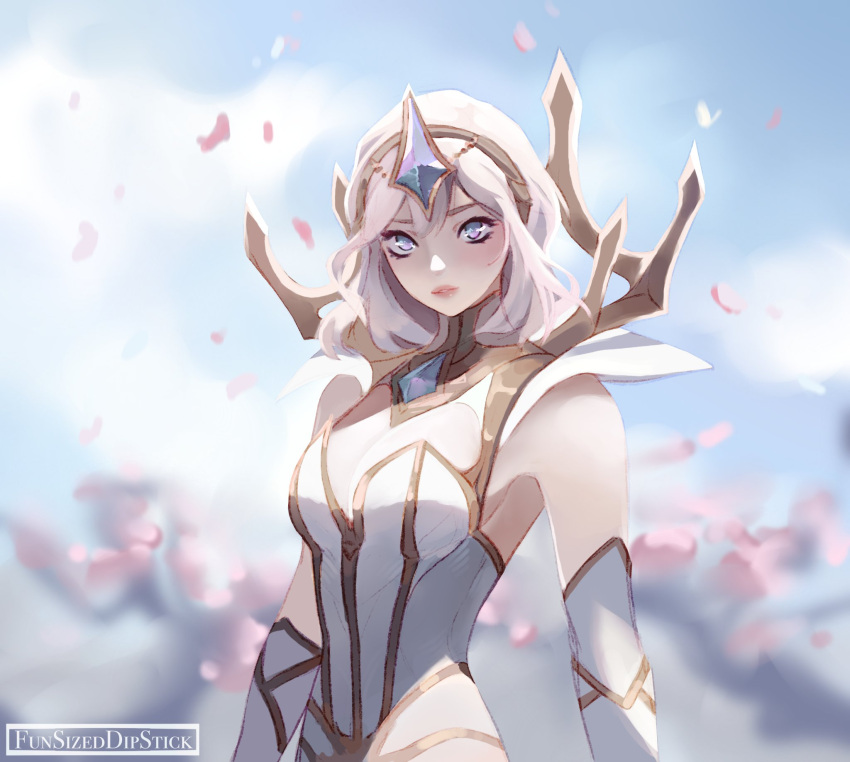 1girl artist_name bare_shoulders breasts cleavage detached_sleeves funsizedipstick gem grey_eyes highres hood hood_up large_breasts league_of_legends lux_(league_of_legends) medium_hair official_alternate_costume petals shiny_skin solo white_hair