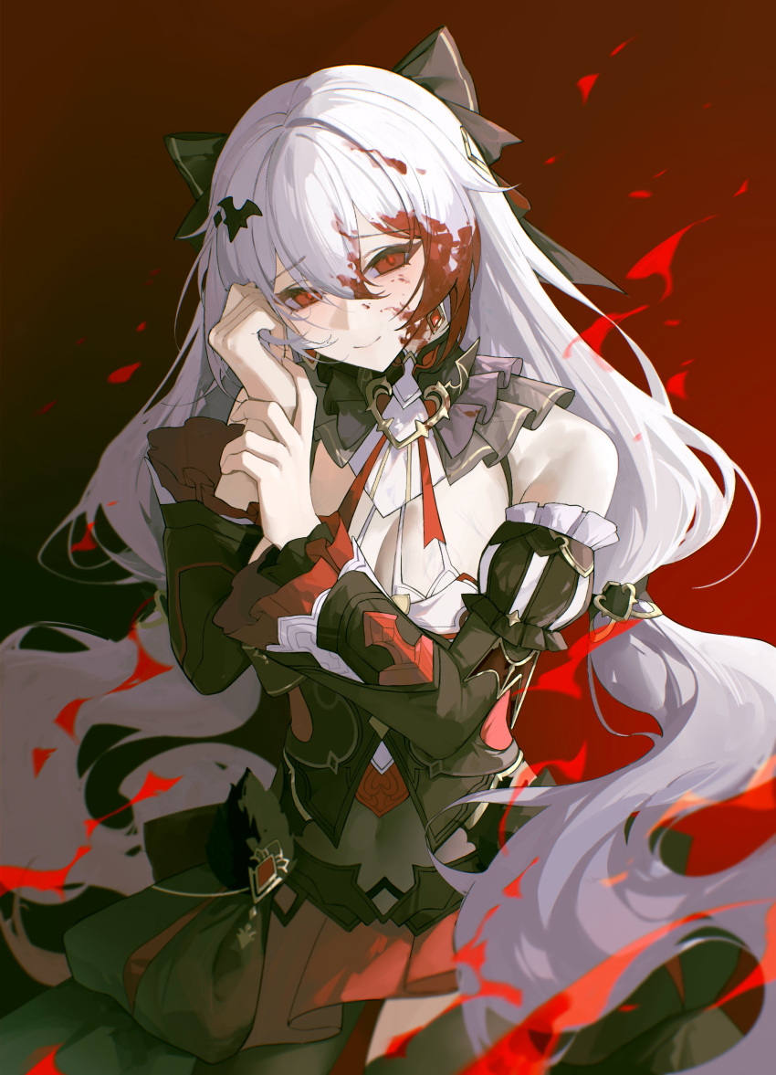 1girl absurdres bare_shoulders black_dress blood blood_on_face bow breasts cleavage closed_mouth crying detached_sleeves dress hair_between_eyes hair_bow hair_ornament highres honkai_(series) honkai_impact_3rd large_breasts long_hair long_sleeves looking_at_viewer luna_(honkai_impact) red_background red_eyes smile solo theresa_apocalypse theresa_apocalypse_(lunar_vow:_crimson_love) tutou_jiang very_long_hair white_hair