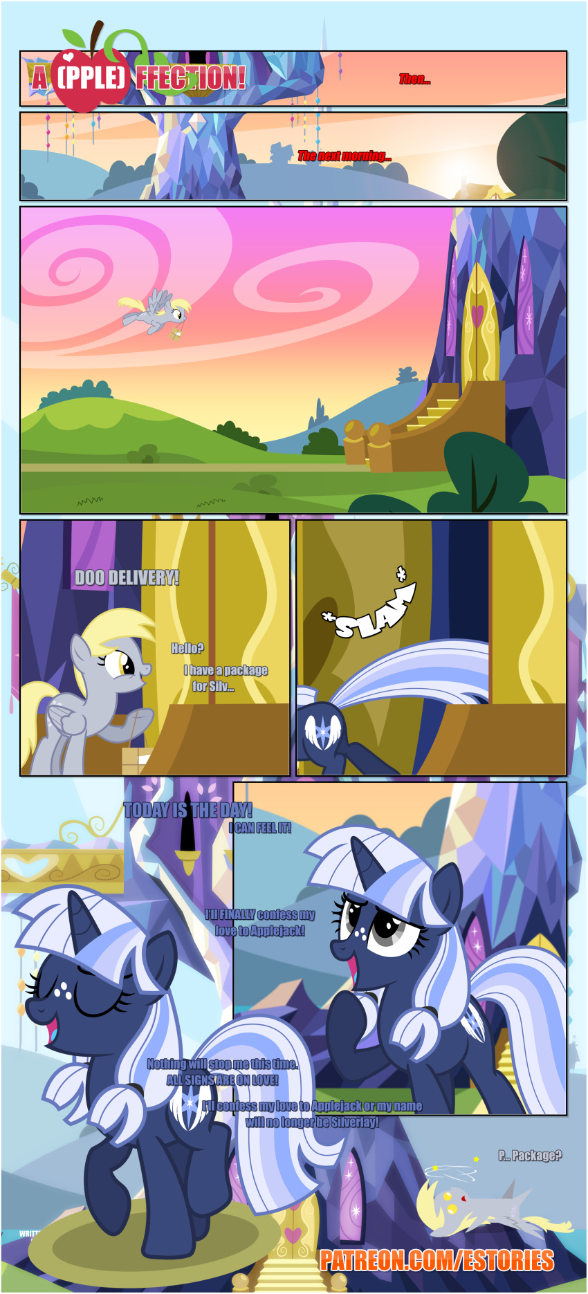 absurd_res black_border border castle_of_friendship cloud delivery_(commerce) derpy_hooves_(mlp) dialogue door door_slam duo ears_up equid equine estories female feral flying folded_wings freckles freckles_on_face friendship_is_magic hasbro hi_res hooves horn inside mammal my_little_pony outside package pegasus plant ponyville postal_delivery raised_hoof shrub silverlay_(estories) spread_wings steps sunrise unicorn wings