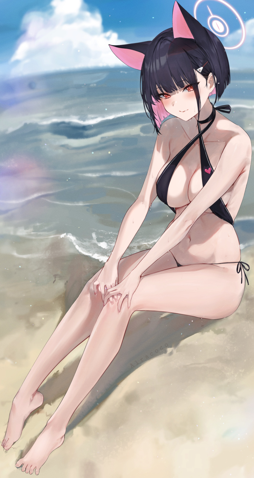 1girl alracoco animal_ears barefoot beach bikini black_bikini black_choker black_hair blue_archive blue_sky blunt_bangs breasts cat_ears choker closed_mouth cloud criss-cross_halter day full_body hair_ornament hairclip halo halterneck highres kazusa_(blue_archive) medium_breasts multicolored_hair navel outdoors pink_eyes pink_hair sand sitting sky solo stomach swimsuit thighs two-tone_hair water