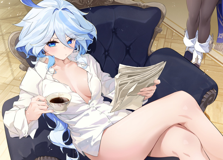 2girls absurdres ahoge blue_eyes blue_hair breasts chair cleavage clorinde_(genshin_impact) coffee collarbone commentary_request crossed_legs cup furina_(genshin_impact) genshin_impact hair_between_eyes highres holding holding_cup holding_newspaper jjjsss long_hair looking_at_viewer medium_breasts multicolored_hair multiple_girls newspaper on_chair shirt sitting two-tone_hair white_shirt