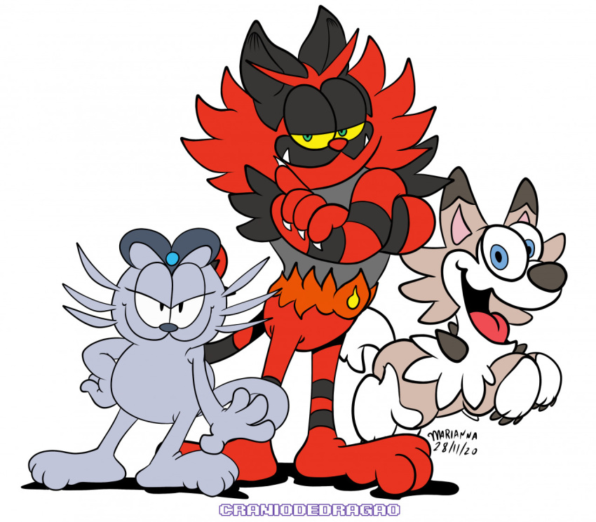 alolan_form alolan_persian alternate_species anthro black_body black_markings blue_eyes brown_body brown_fur canid canine craniodedragao crossover facial_markings facial_tuft fangs felid feline fur garfield_(series) garfield_the_cat generation_7_pokemon green_eyes grey_body grey_fur group head_markings incineroar lycanroc male mammal markings midday_lycanroc nermal_(garfield) nintendo odie_the_dog pokemon pokemon_(species) red_body red_fur regional_form_(pokemon) striped_body striped_fur stripes teeth trio white_body white_fur yellow_sclera