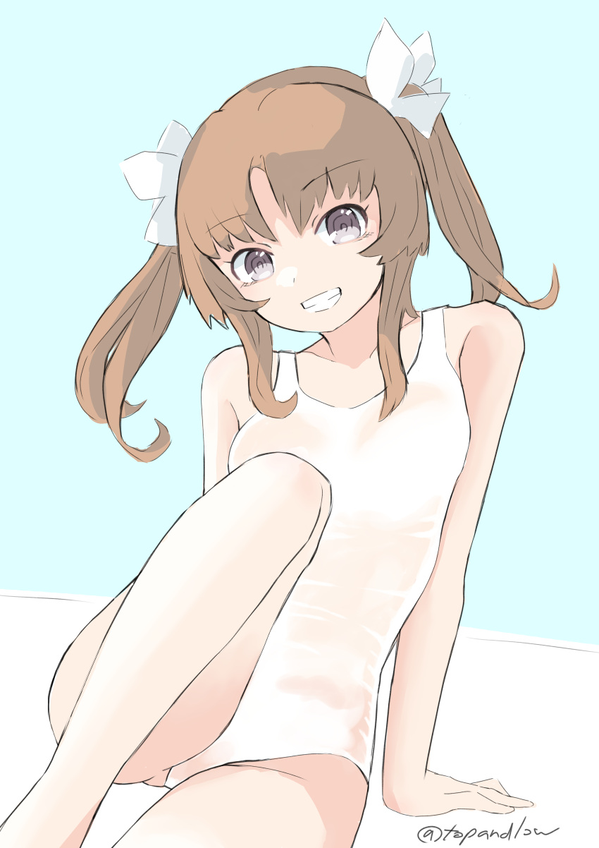 1girl absurdres brown_hair cowboy_shot grey_eyes grin hair_ribbon highres kagerou_(kancolle) kagerou_kai_ni_(kancolle) kantai_collection long_hair one-hour_drawing_challenge one-piece_swimsuit ribbon sitting smile solo swimsuit toplow twintails white_one-piece_swimsuit white_ribbon