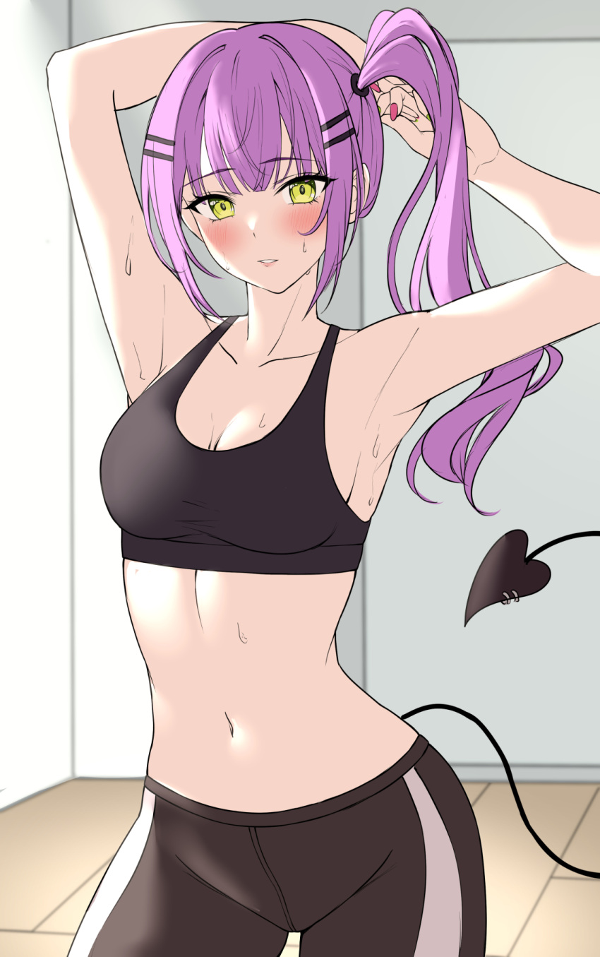 1girl adjusting_hair armpits arms_up black_pants black_sports_bra blush collarbone commentary demon_girl demon_tail hair_ornament hairclip highres hololive indoors long_hair looking_at_viewer midriff nail_polish navel pants piercing pink_nails purple_hair shinigami_kiraki side_ponytail solo sports_bra sportswear sweat tail tail_ornament tail_piercing tokoyami_towa triangle_mouth virtual_youtuber