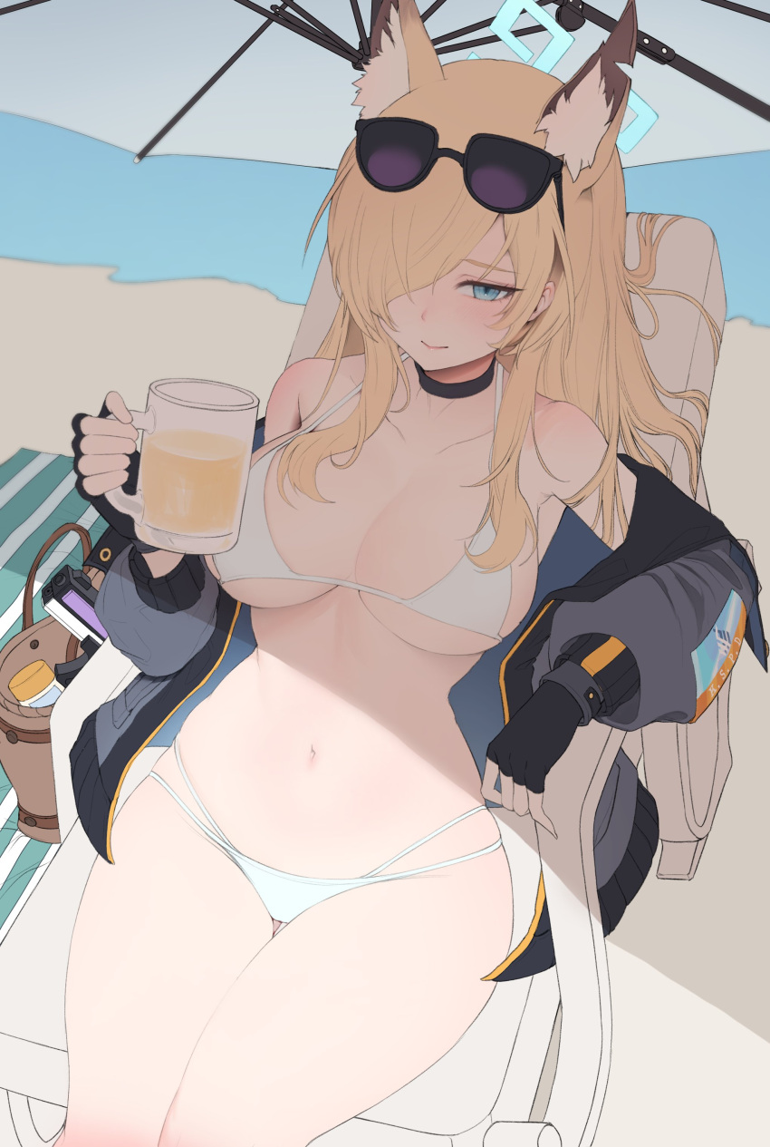 1girl absurdres animal_ears bag beach beach_towel beer_mug bikini blonde_hair blue_archive blue_eyes breasts chair choker cup eyewear_on_head fingerless_gloves gloves halo handbag highres jacket kanna_(blue_archive) large_breasts long_hair mug off_shoulder sitting solo sunglasses swimsuit towel umbrella wolf_ears wolf_girl zerocat