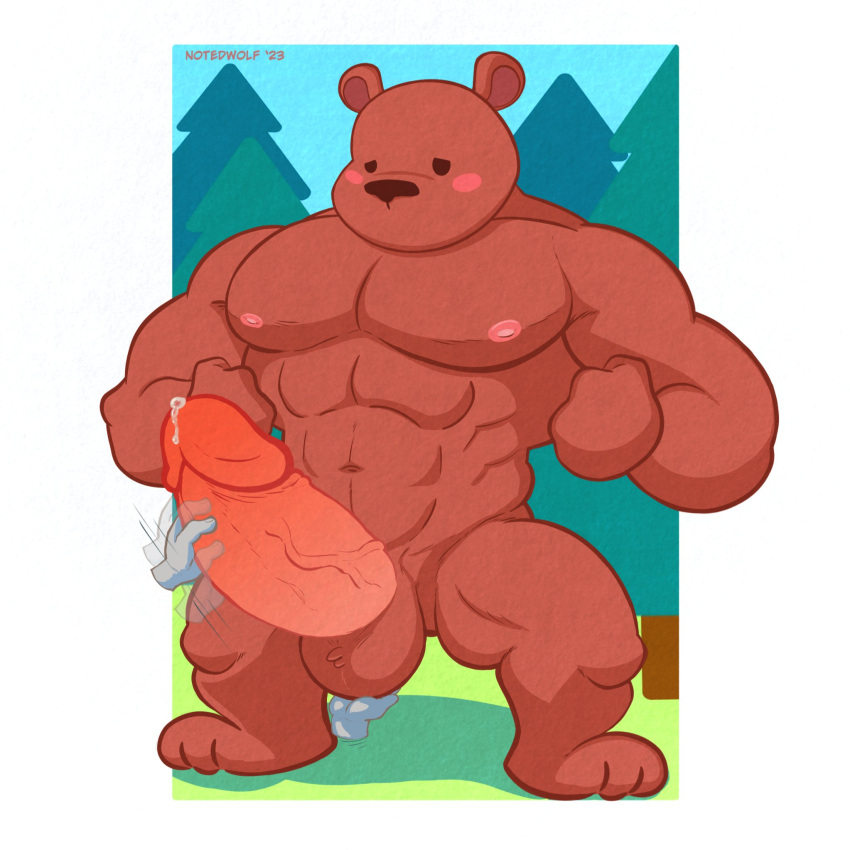 2023 abs anthro bear bent_legs big_penis blush bodily_fluids digital_drawing_(artwork) digital_media_(artwork) disembodied_hand dripping erection flexing flexing_both_biceps flexing_muscles forest forest_background genital_fluids genitals half-closed_eyes hands_clenched hi_res huge_penis hyper hyper_genitalia hyper_penis leaking_precum looking_pleasured male mammal masturbation motion_lines movement muscular muscular_male narrowed_eyes nature nature_background nipples notedwolf owo penis pinup plant pose precum precum_drip precum_string pubes shaded simple_background simple_coloring simple_face simple_shading solo spread_legs spreading textured tree ursine uwu vein veiny_penis