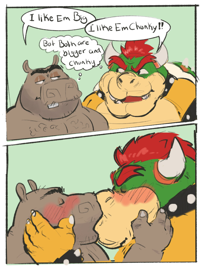 anthro blush bowser claws collar common_hippopotamus duo english_text eyebrows french_kissing hair hi_res hippopotamid hoen humor kissing koopa male male/male mammal mario_bros meme nintendo red_hair said_the_saisio scalie spiked_collar spikes text unibrow