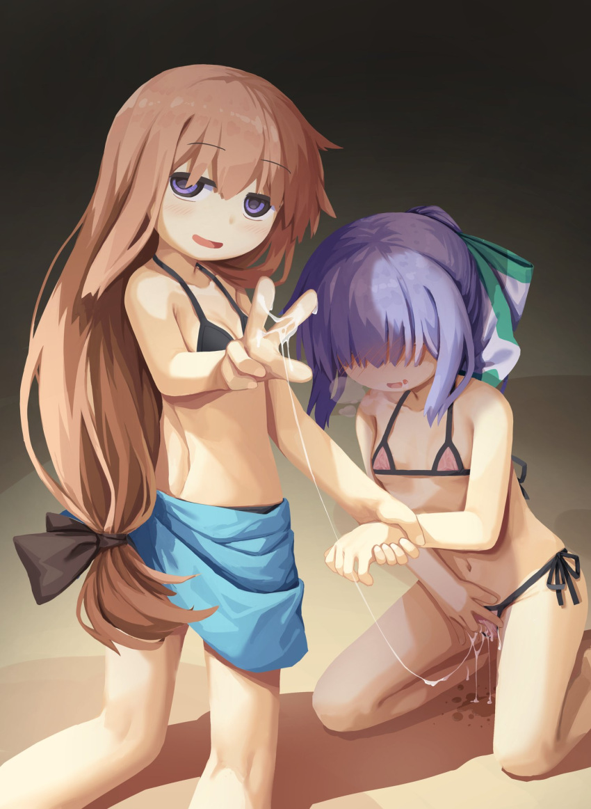 2girls after_fingering blush breasts brown_hair commentary_request highres light_blush long_hair multiple_girls navel original parted_lips purple_eyes purple_hair pussy_juice pussy_juice_on_fingers pussy_juice_trail serialhypno small_breasts swimsuit w yuri