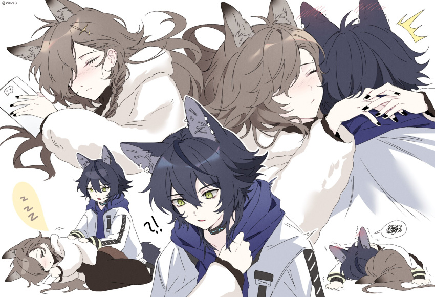 !? 1boy 1girl ^^^ animal_ear_piercing animal_ears arknights black_hair black_nails black_shirt blue_hoodie blush braid brown_hair chibi couple fur_jacket hair_over_one_eye hetero highres holding holding_phone hood hoodie hug infection_monitor_(arknights) jacket long_hair lying multiple_views nail_polish official_alternate_costume on_side parted_lips penance_(arknights) phone rio_(rio773) shirt short_hair side_braid simple_background sleeping spoken_squiggle spoken_zzz squiggle tail twitter_username upper_body vigil_(arknights) vigil_(the_other_side_of_siracusa)_(arknights) white_background white_jacket wolf_boy wolf_ears wolf_tail yellow_eyes zzz