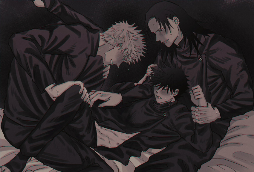3boys bed blush clenched_hand clenched_teeth crying full-face_blush fushiguro_megumi fushirun_rung getou_suguru gojou_satoru green_eyes highres holding_another's_wrist jacket jujutsu_kaisen korean_commentary long_hair long_sleeves looking_at_another male_focus monochrome multiple_boys on_bed one_eye_closed pants school_uniform short_hair smile spiked_hair spread_legs stirrup_legwear sweat tears teeth toeless_legwear undressing_another yaoi