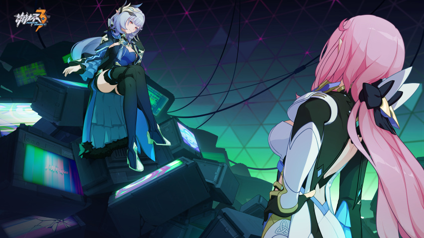 2girls black_thighhighs blue_hair breasts chinese_commentary cleavage crossed_legs elysia_(honkai_impact) elysia_(miss_pink_elf)_(honkai_impact) hand_on_own_hip herrscher_of_corruption highres honkai_(series) honkai_impact_3rd indoors large_breasts logo looking_at_another multiple_girls official_alternate_costume official_art official_wallpaper open_hand pink_hair pointy_ears sitting television thighhighs