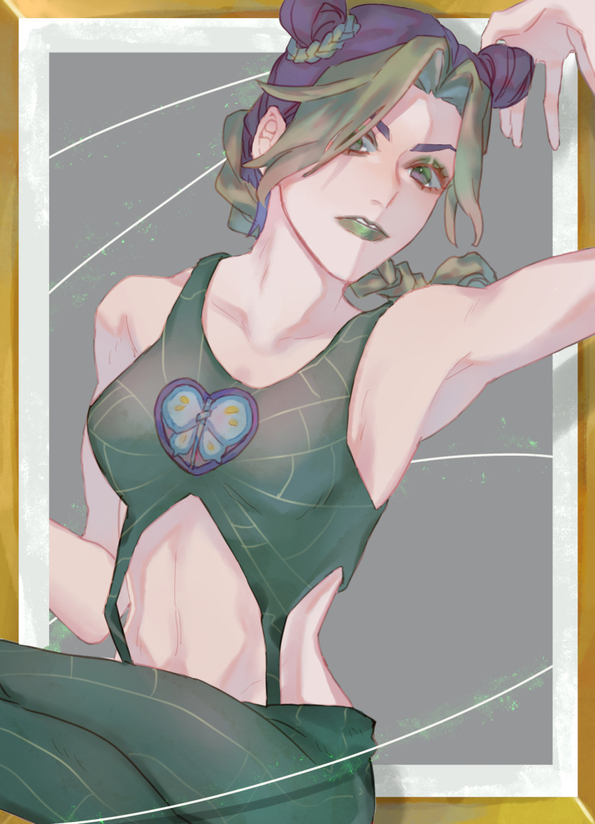 1girl armpits black_hair braid collarbone commentary crop_top double_bun eyeshadow framed green_eyeshadow green_hair green_lips green_pants green_shirt grey_background hair_bun highres jojo_no_kimyou_na_bouken kujo_jolyne lipstick makeup multicolored_hair pants parted_lips shirt solo sorabean spider_web_print stone_ocean symbol-only_commentary two-tone_hair