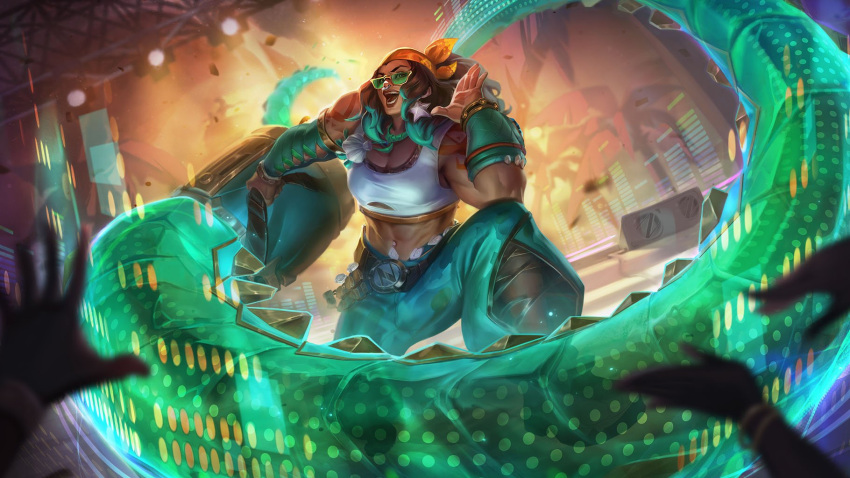 1girl :d abs bandana belt breasts brown_belt brown_hair crop_top crowd dark-skinned_female dark_skin earrings green-tinted_eyewear green_hair green_nails green_pants grey_shirt headphones highres holding illaoi illbeats jewelry large_breasts league_of_legends long_hair muscular muscular_female nail_polish official_alternate_costume official_art open_mouth orange_bandana pants shirt smile solo_focus stage star_(symbol) star_earrings stomach sunglasses teeth tentacles tinted_eyewear