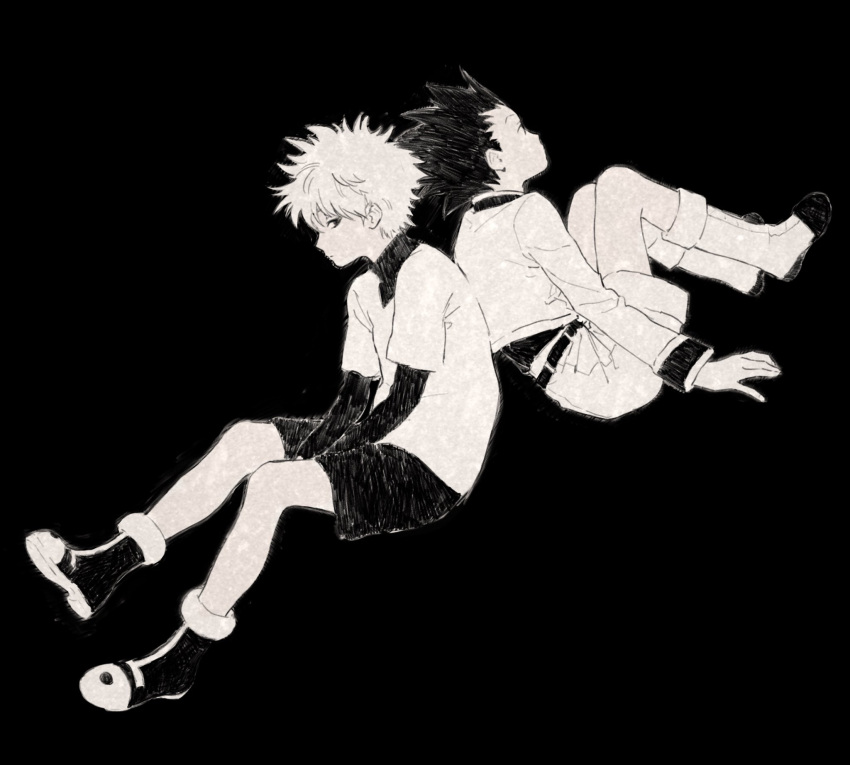 2boys black_background boots closed_mouth commentary frown full_body gon_freecss greyscale highres hunter_x_hunter jacket kgeroua killua_zoldyck layered_sleeves long_sleeves looking_at_viewer male_focus monochrome multiple_boys short_hair short_over_long_sleeves short_sleeves shorts spiked_hair symbol-only_commentary