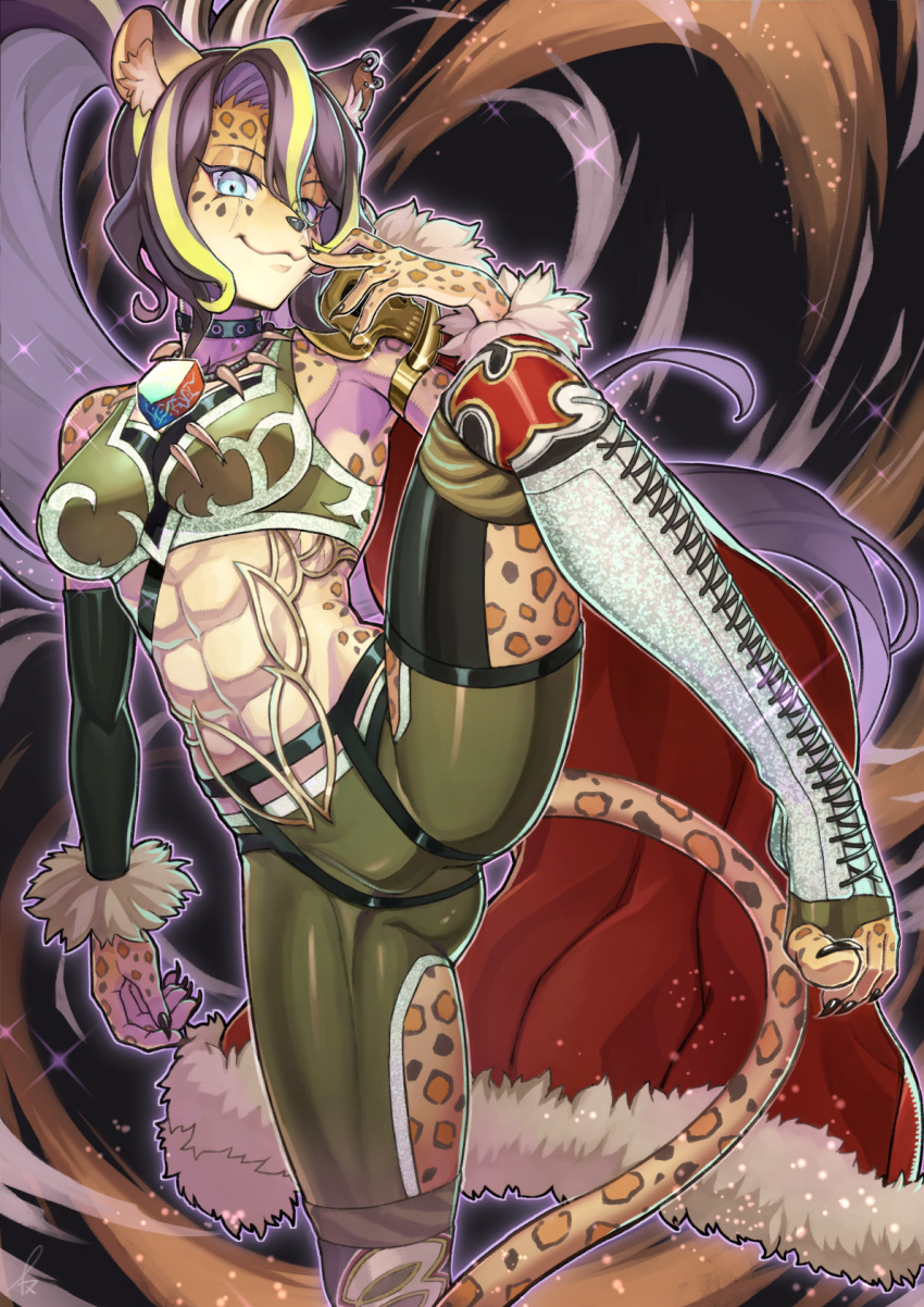 1girl abs animal_ear_fluff animal_ears animal_nose bare_shoulders blonde_hair boots breasts choker claws closed_mouth clothing_cutout commentary_request cross-laced_footwear duel_monster fur_trim furry furry_female green_sports_bra hair_between_eyes high_ponytail highres inomata_konomu jewelry knee_pads lace-up_boots long_hair looking_at_viewer medium_breasts midriff multicolored_hair necklace panther_girl pants ponytail purple_hair sidelocks skindentation smile solo sports_bra standing standing_on_one_leg tail thigh_cutout tight_clothes tight_pants toeless_footwear tooth_necklace vanquish_souls_panthera wrestling_boots yu-gi-oh!