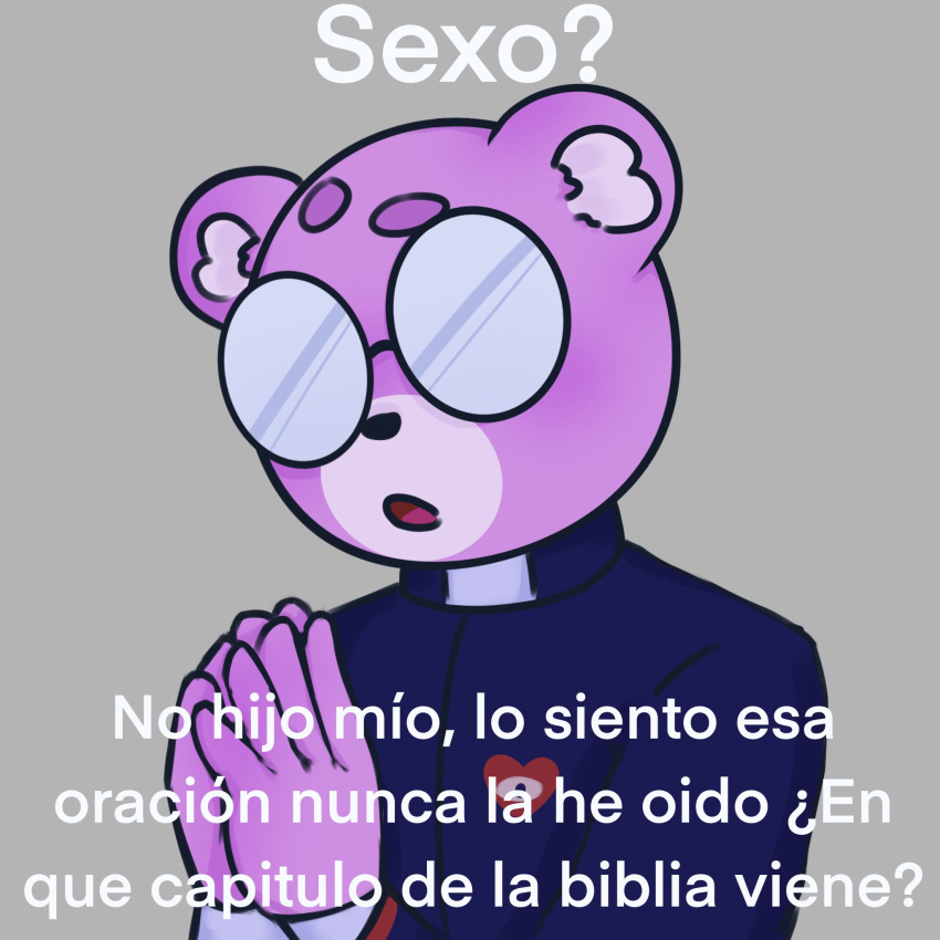 2023 anthro bear clothed clothing dialogue eyewear glasses hi_res humanoid_hands mammal padre_(unicorn_wars) portrait praying purple_body solo spanish_text text unicorn_wars yagamikuro67