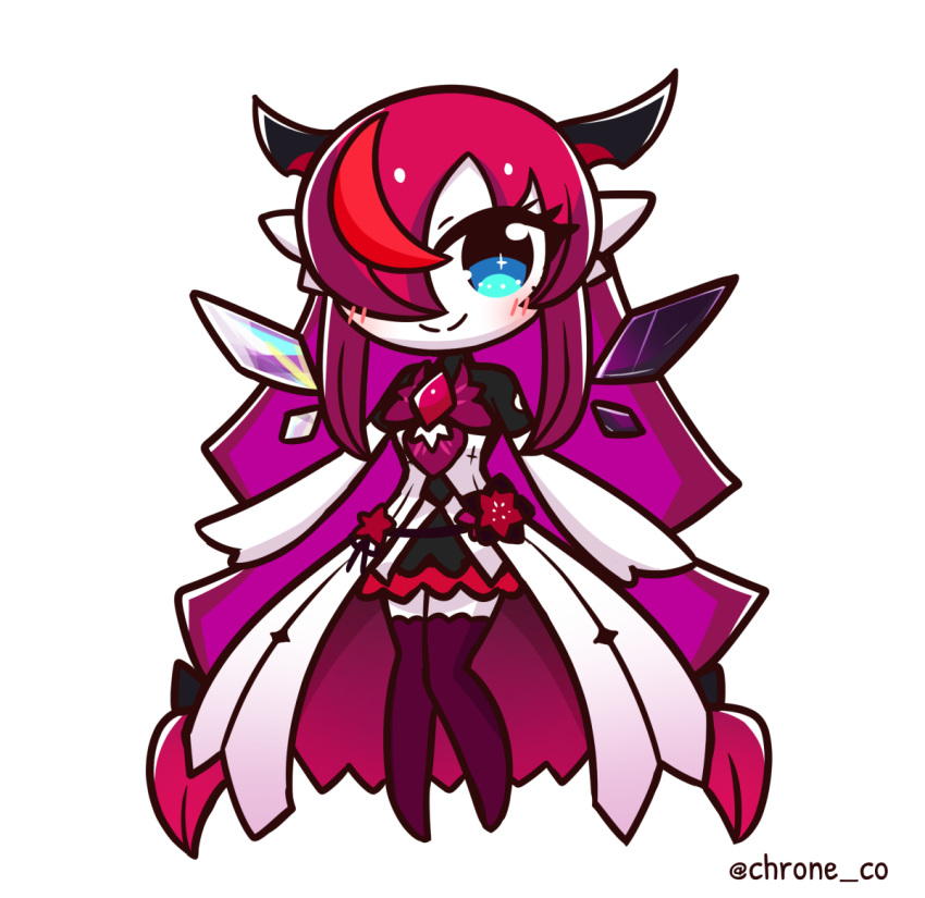 1girl asymmetrical_wings blue_eyes brooch chibi chroneco commentary crystal_wings detached_wings dress english_commentary fusion gardevoir heart_brooch hololive hololive_english horns irys_(hololive) jewelry long_hair looking_at_viewer multicolored_hair pokemon purple_hair purple_thighhighs red_hair simple_background smile solo streaked_hair thighhighs twitter_username very_long_hair virtual_youtuber white_background white_dress wings