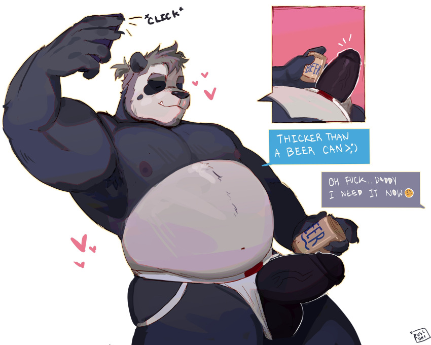 &lt;3 2023 absurd_res anthro balls bear belly black_body black_nose cellphone clothing clothing_aside english_text erection genitals giant_panda hi_res humanoid_genitalia humanoid_hands humanoid_penis jockstrap jockstrap_aside male mammal nipples overweight overweight_male penis phone ruslorc simple_background smartphone solo text underwear underwear_aside white_body