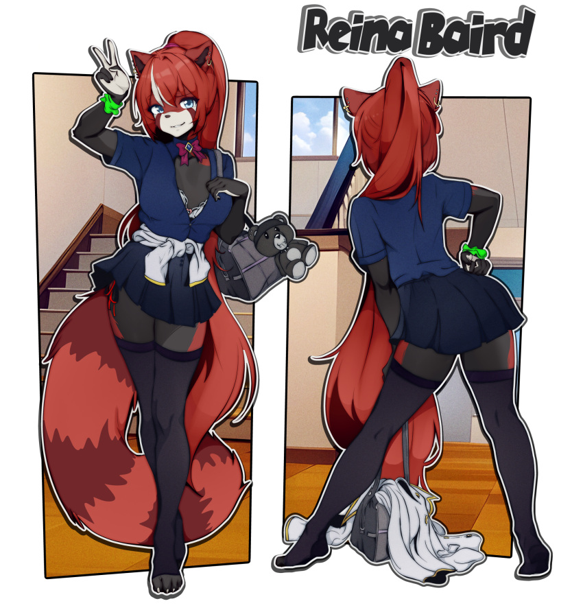 2023 5_fingers ailurid anthro bottomwear clothed clothing digital_media_(artwork) ear_piercing feet female fingers front_view gesture hair hi_res legwear looking_at_viewer mammal piercing plushie rear_view red_panda reina_(reinabaird) sicmop skirt stairs teddy_bear toes v_sign