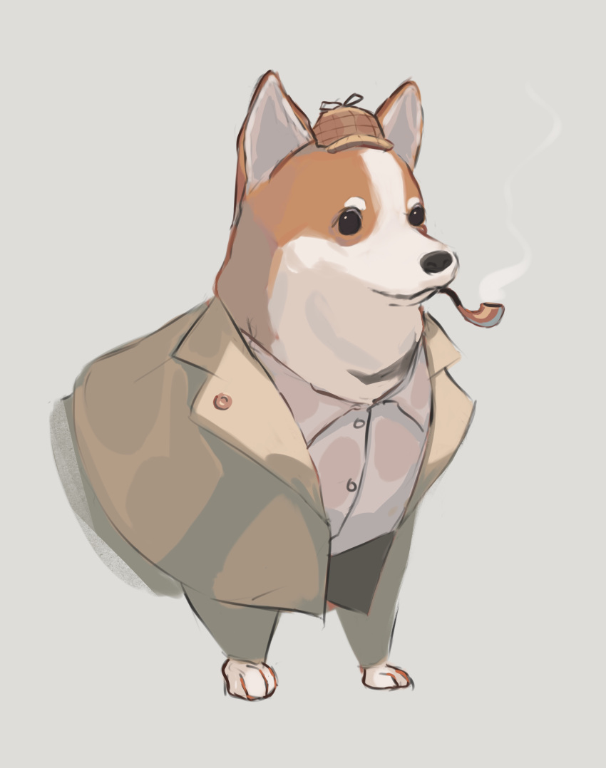 absurdres animal animal_focus brown_headwear brown_jacket collared_shirt detective dog highres jacket original pipe_in_mouth potatomochii shirt smoke smoking smoking_pipe white_shirt