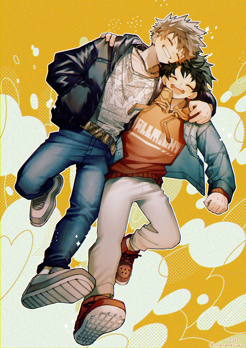 2boys ^_^ absurdres alternate_costume arm_around_shoulder artist_name bakugou_katsuki bangs black_jacket blonde_hair blue_pants blush boku_no_hero_academia breast_pocket casual character_name chromatic_aberration closed_eyes clothes_writing collarbone commentary_request cross-laced_footwear curly_hair denim denim_jacket dot_nose drawstring dutch_angle epi_(epi_ktdk) film_grain floating_clothes freckles full_body green_hair grin halftone halftone_background hand_in_pocket hands_up happy head_on_head head_rest head_tilt highres hood hood_down hoodie jacket jeans jewelry leaf_print leaning_on_person leather leather_jacket leg_up long_sleeves male_focus metal_belt midair midoriya_izuku multiple_boys necklace open_clothes open_jacket open_mouth orange_background orange_hoodie outstretched_arm oval pants pocket print_shirt raised_eyebrows red_footwear round_teeth shirt shoe_soles shoes short_hair side-by-side smile sneakers sparkle spiked_hair symmetrical_foot_pose t-shirt teeth twitter_username walking white_pants