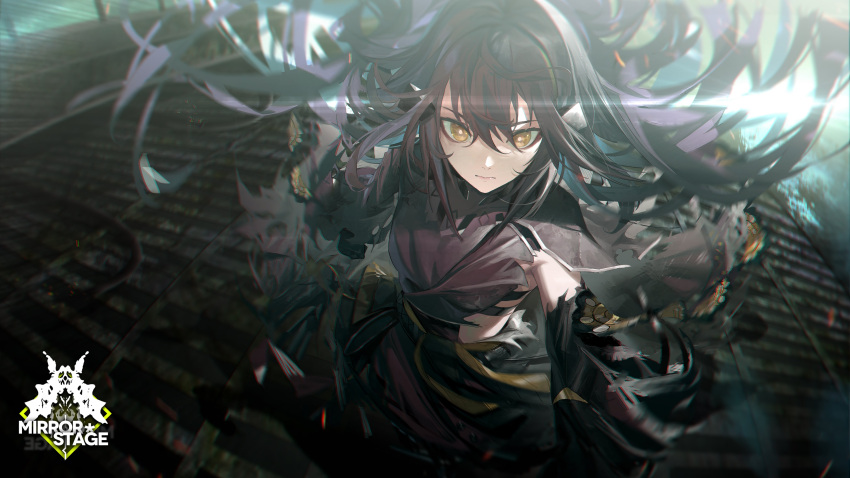 1girl absurdres artist_request black_dress black_hair breasts closed_mouth dandelion_(girls'_frontline) dress floating_hair girls'_frontline hair_between_eyes headgear highres logo long_hair long_sleeves looking_at_viewer medium_breasts official_art serious side_slit solo spoilers torn_clothes torn_dress very_long_hair yellow_eyes