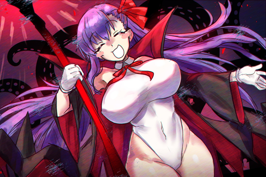 1girl absurdres bare_shoulders bat_wings bb_(fate) bb_(swimsuit_mooncancer)_(fate) bb_(swimsuit_mooncancer)_(third_ascension)_(fate) black_coat blush blush_stickers breasts closed_eyes coat covered_navel ebora fate/grand_order fate_(series) gloves hair_ribbon highleg highleg_leotard highres large_breasts leotard long_hair neck_ribbon open_clothes open_coat open_mouth polearm popped_collar purple_hair red_ribbon ribbon smile solo tentacles thighs very_long_hair weapon white_gloves white_leotard wings