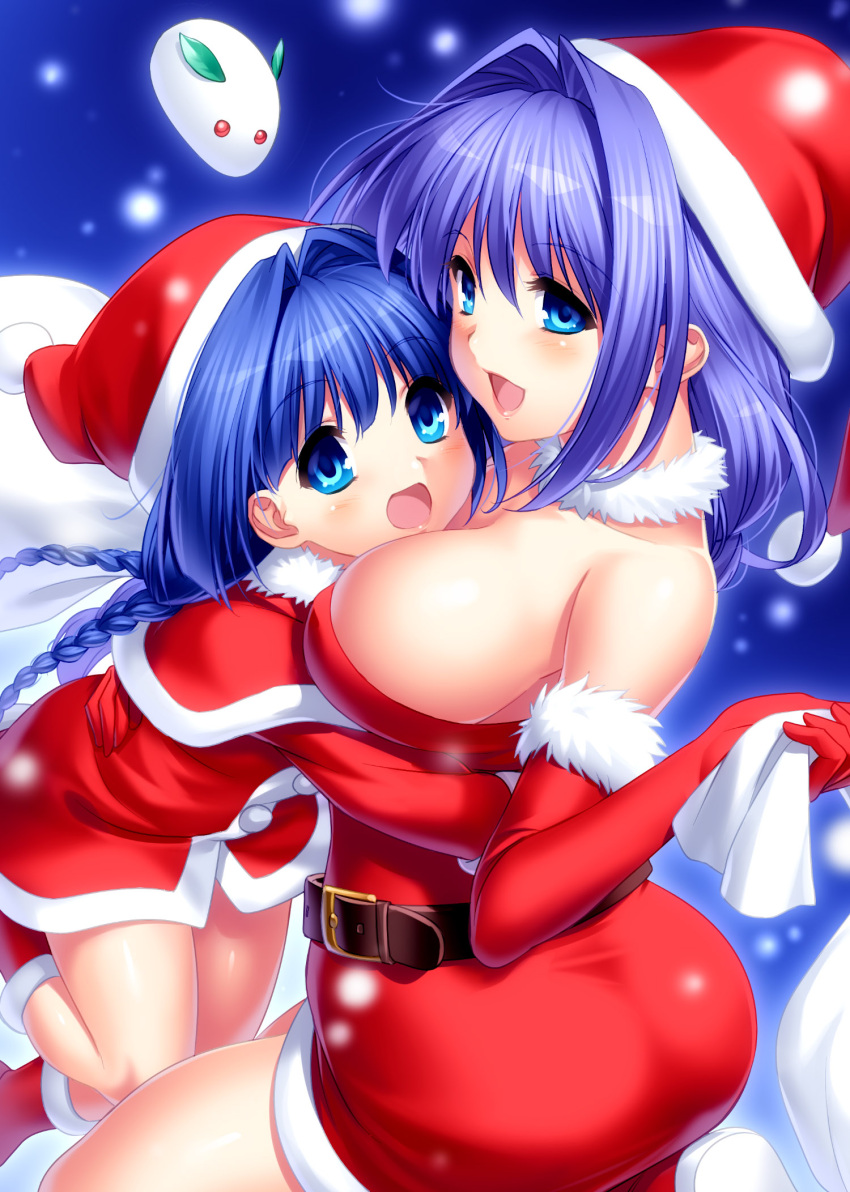 2girls :d ass bare_shoulders belt between_breasts blue_background blue_eyes blue_hair blush boots braid breasts capelet christmas cowboy_shot dress elbow_gloves eyelashes eyes_visible_through_hair fur-trimmed_boots fur-trimmed_capelet fur-trimmed_dress fur-trimmed_gloves fur_choker fur_trim gloves hair_between_eyes hair_intakes happy hat head_between_breasts highres hug kanon large_breasts lips long_hair looking_at_viewer minase_akiko minase_nayuki mother_and_daughter multiple_girls non-web_source off-shoulder_dress off_shoulder open_mouth photoshop_(medium) pom_pom_(clothes) red_dress red_footwear red_gloves santa_capelet santa_costume santa_dress santa_gloves santa_hat shiny_skin short_dress sideboob simple_background smile snow snow_rabbit standing twin_braids zen_(kamuro)