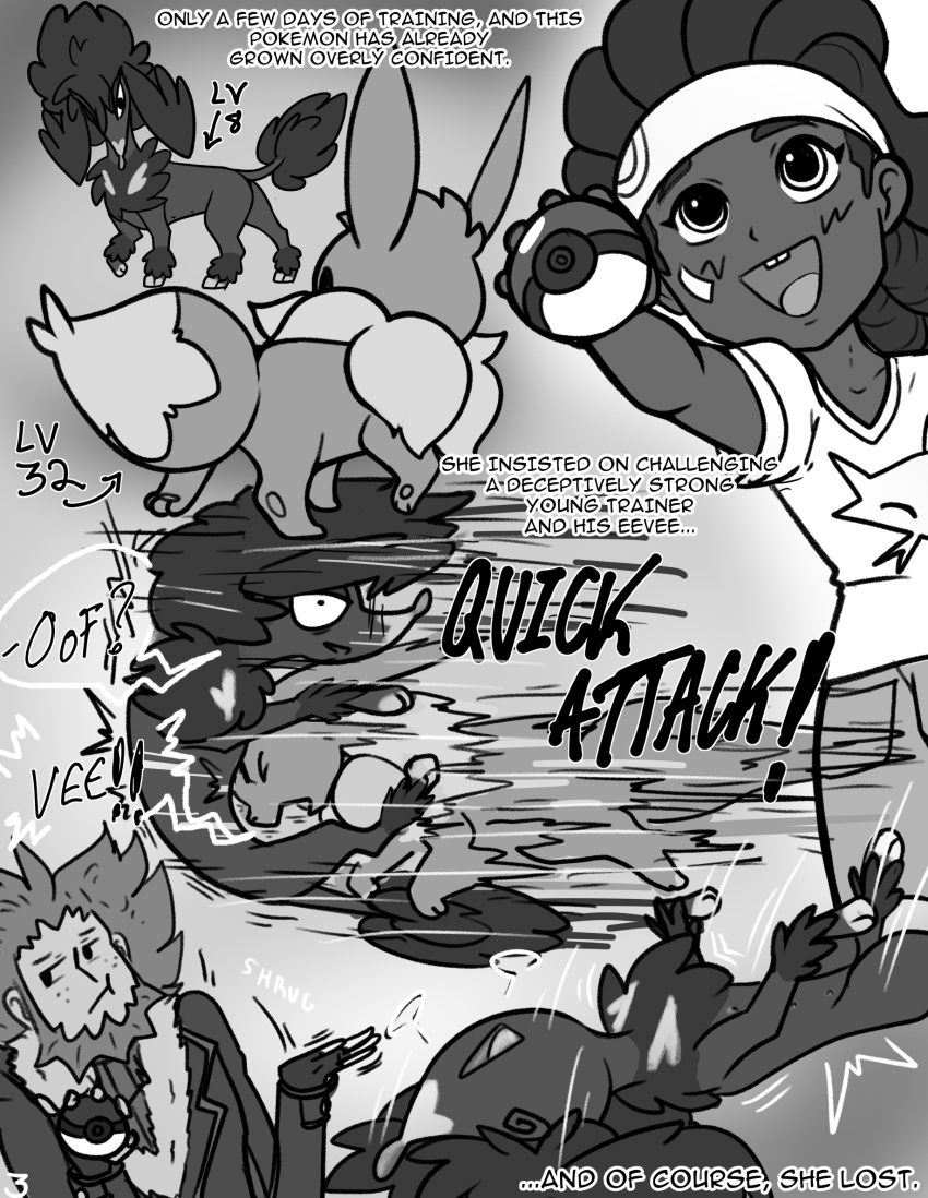 age_difference attack battle canid canine canis comic domestic_dog dominant dominant_female dominant_feral eevee female feral furfrou generation_1_pokemon generation_6_pokemon greyscale hi_res human lysandre_(pok&eacute;mon) male male/female mammal monochrome nintendo older_male pokemon pokemon_(species) pokemon_battle pokemon_masters poodle shiny_pokemon submissive submissive_human submissive_male suns_(artist) team_flare
