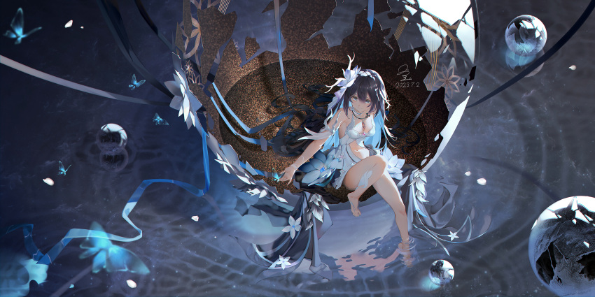 1girl absurdres bare_legs barefoot black_hair blue_butterfly blue_eyes blue_hair breasts bug butterfly colored_inner_hair dated dress flower from_above full_body hair_flower hair_ornament highres honkai_(series) honkai_impact_3rd knee_up long_hair medium_breasts multicolored_hair navel ribao seele_vollerei signature soaking_feet solo very_long_hair white_dress white_flower