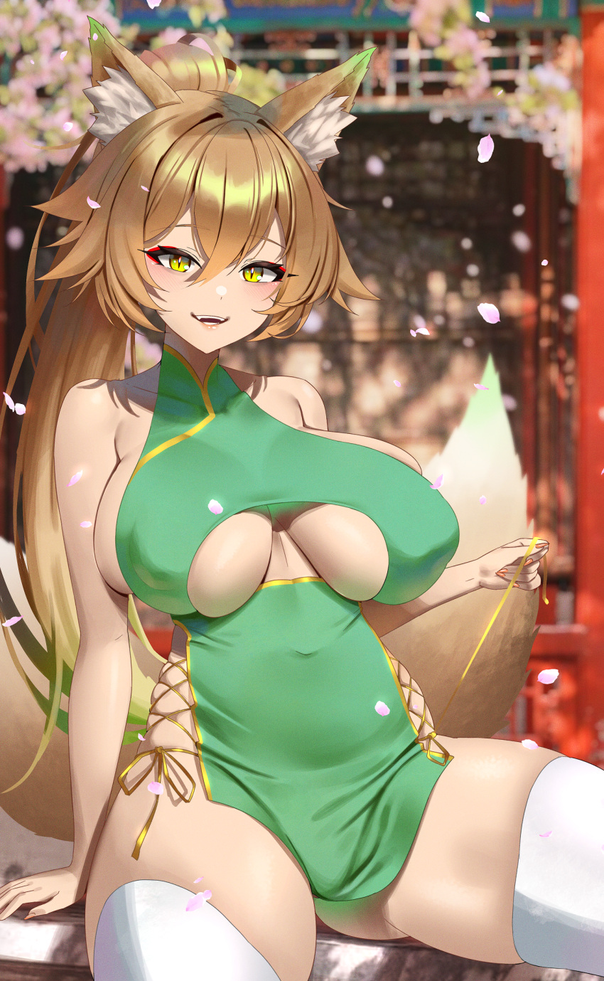 1girl anima_(togashi) animal_ear_fluff animal_ears blonde_hair blush breasts china_dress chinese_clothes clothing_cutout dress fangs fox_ears fox_girl fox_tail green_dress green_eyes high_ponytail highres large_breasts long_hair looking_at_viewer open_mouth original petals sitting skindentation slit_pupils smile solo tail thighhighs underboob underboob_cutout white_thighhighs