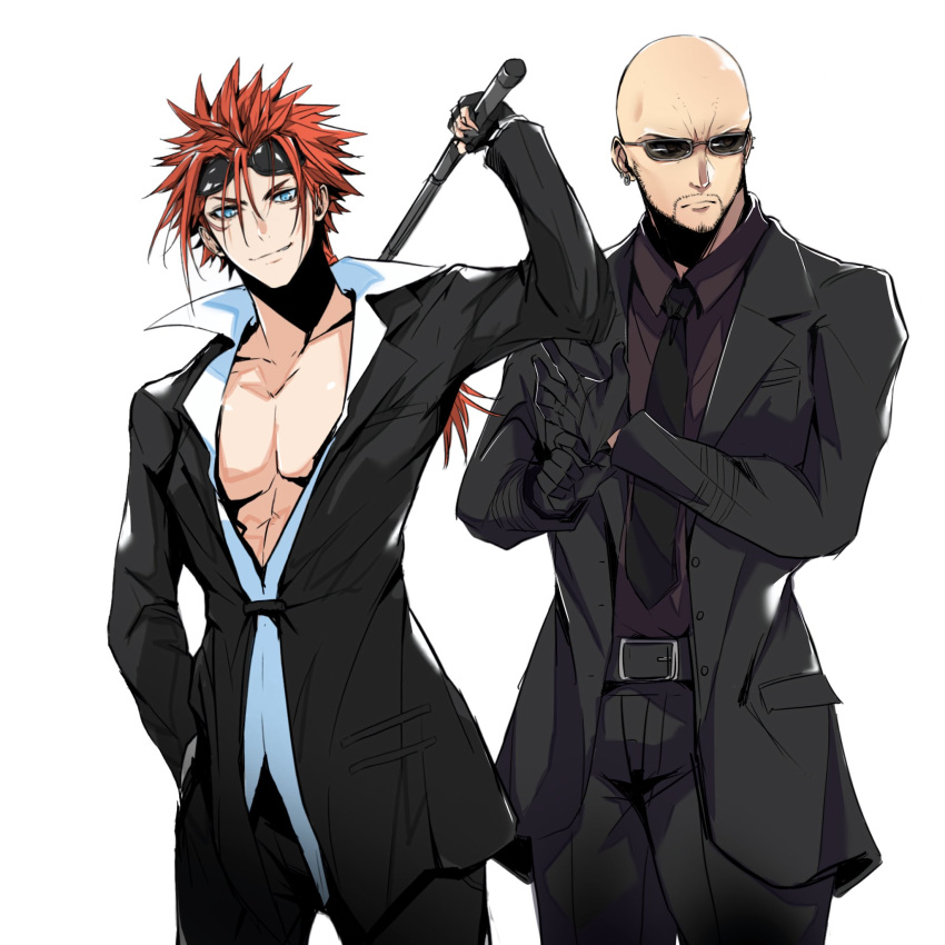 2boys adjusting_clothes adjusting_gloves bald baton_(weapon) belt_buckle black_gloves black_jacket black_necktie black_pants black_shirt black_suit blue_eyes buckle collared_shirt cowboy_shot crazy02oekaki facial_hair facial_mark final_fantasy final_fantasy_vii final_fantasy_vii_remake fingerless_gloves gloves goatee hand_in_pocket highres holding_baton jacket long_sleeves low_ponytail male_focus multiple_boys necktie pants red_hair reno_(ff7) rude_(ff7) shirt short_hair_with_long_locks smirk spiked_hair suit suit_jacket sunglasses weapon weapon_behind_back white_background white_shirt