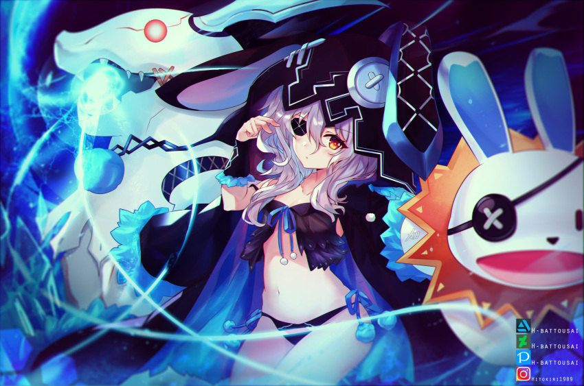 1girl animal_hood black_hoodie black_panties date_a_live eyepatch grey_hair hair_between_eyes hand_puppet highres hitokiri_battousai hood hoodie ice_crystal large_buttons light looking_at_another monster navel orange_eyes panties puppet rabbit_hood rabbit_puppet sharp_teeth teeth underwear wavy_hair yoshino_(date_a_live) yoshinon