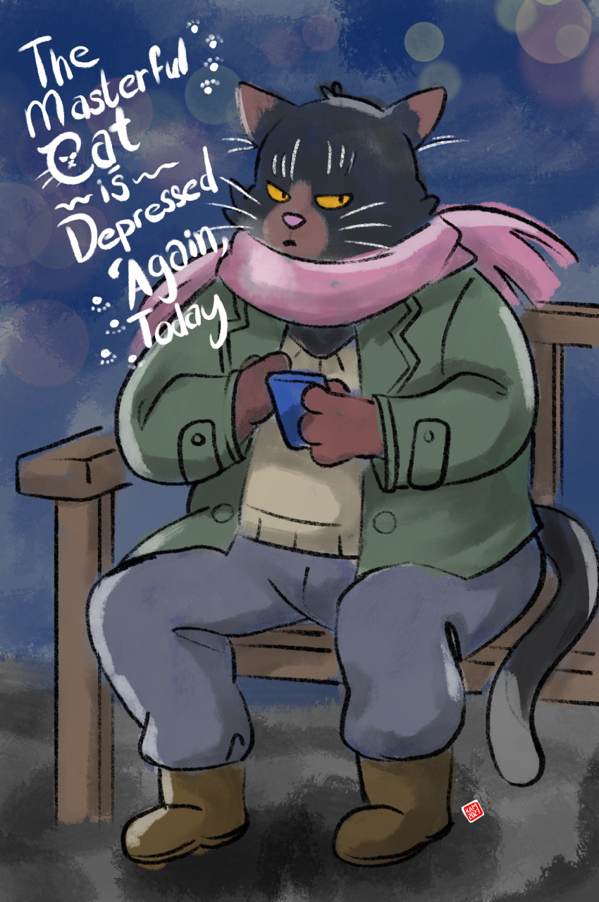 2023 absurd_res anthro biped black_body bottomwear cellphone clothing domestic_cat english_text felid feline felis gloves handwear hi_res kamui_shirow kemono mammal pants phone scarf sitting slightly_chubby smartphone solo sweater text the_masterful_cat_is_depressed_again_today topwear yukichi