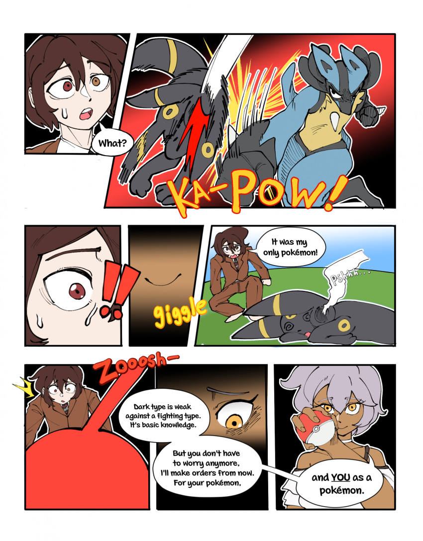 brown_eyes brown_hair clothed clothing colored comic dialogue eeveelution english_text fainted_pokemon female gender_transformation generation_2_pokemon generation_4_pokemon group hair hi_res human lucario male mammal mtf_transformation nintendo pokeball pokemon pokemon_(species) pokemon_battle pre-transformation species_transformation speech_bubble text transformation umbreon white_hair yellow_eyes zneazel