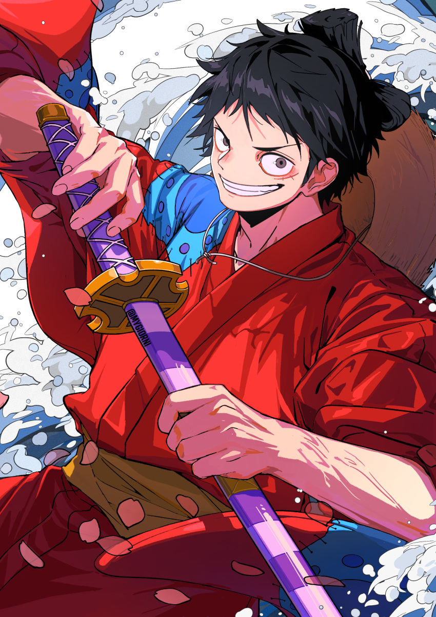 1boy absurdres black_eyes black_hair commentary hat highres holding holding_sword holding_weapon japanese_clothes katana looking_at_viewer male_focus monkey_d._luffy mygiorni one_piece scar scar_on_cheek scar_on_face short_hair short_sleeves smile solo straw_hat sword teeth topknot traditional_clothes unworn_hat unworn_headwear weapon