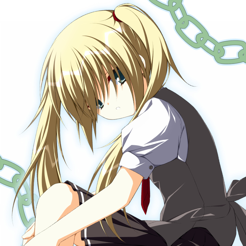 1girl asagi_nanami black_skirt blonde_hair chain commentary cowboy_shot empty_x_embryo eyebrows_hidden_by_hair eyelashes floating_hair from_side green_eyes grey_vest hair_between_eyes hair_over_eyes hair_ribbon head_tilt highres hugging_own_legs knee_up kono_natsuki leaning_forward long_hair looking_at_viewer miniskirt necktie parted_lips pleated_skirt puffy_short_sleeves puffy_sleeves red_necktie red_ribbon revision ribbon school_uniform shirt short_sleeves simple_background sitting skirt solo twintails vest white_background white_shirt