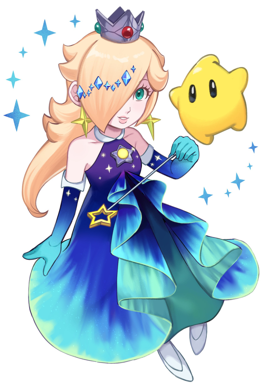 1girl absurdres bare_shoulders blonde_hair blue_eyes brooch crown dress earrings elbow_gloves full_body gloves gradient_dress hair_over_one_eye highres holding holding_wand jewelry long_hair looking_at_viewer luma_(mario) mario_(series) mario_kart mario_kart_tour multicolored_clothes multicolored_dress official_alternate_costume parted_lips rosalina rosalina_(aurora) sasaki_sakiko star_(symbol) star_brooch star_earrings wand white_background white_footwear