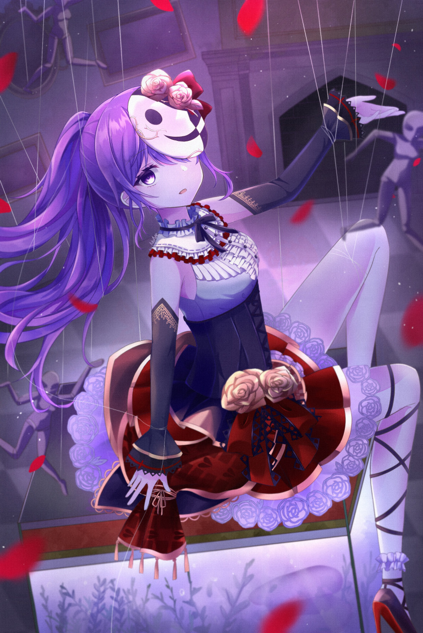 1girl absurdres asahina_mafuyu black_shirt black_sleeves center_frills detached_sleeves frilled_shirt frills from_side hair_between_eyes hair_over_one_eye high_heels highres knee_up long_hair looking_at_viewer marionette mask mask_on_head noneon319 open_hand outstretched_arms parted_lips petticoat pleated_skirt ponytail project_sekai puppet puppet_strings purple_eyes purple_hair red_footwear red_skirt shirt sidelocks sitting skirt sleeveless sleeveless_shirt solo toraware_no_marionette_(project_sekai)