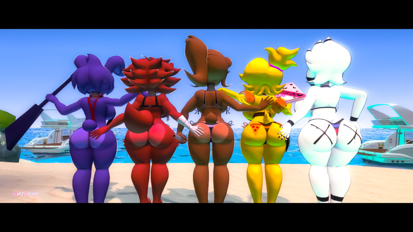 animatronic anthro beach bikini chica_(cally3d) clothing female female/female five_nights_at_freddy's five_nights_in_anime foxy_(fnaf) frenni_fazclaire furry group group_picture hi_res light machhk1 machine marie_(cally3d) robot scottgames seaside sunlight swimwear